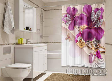 Фото Шторка для ванної "3D бузкові квіти зі стразами" - ціна вказана за 1 м.кв. Читаємо опис!