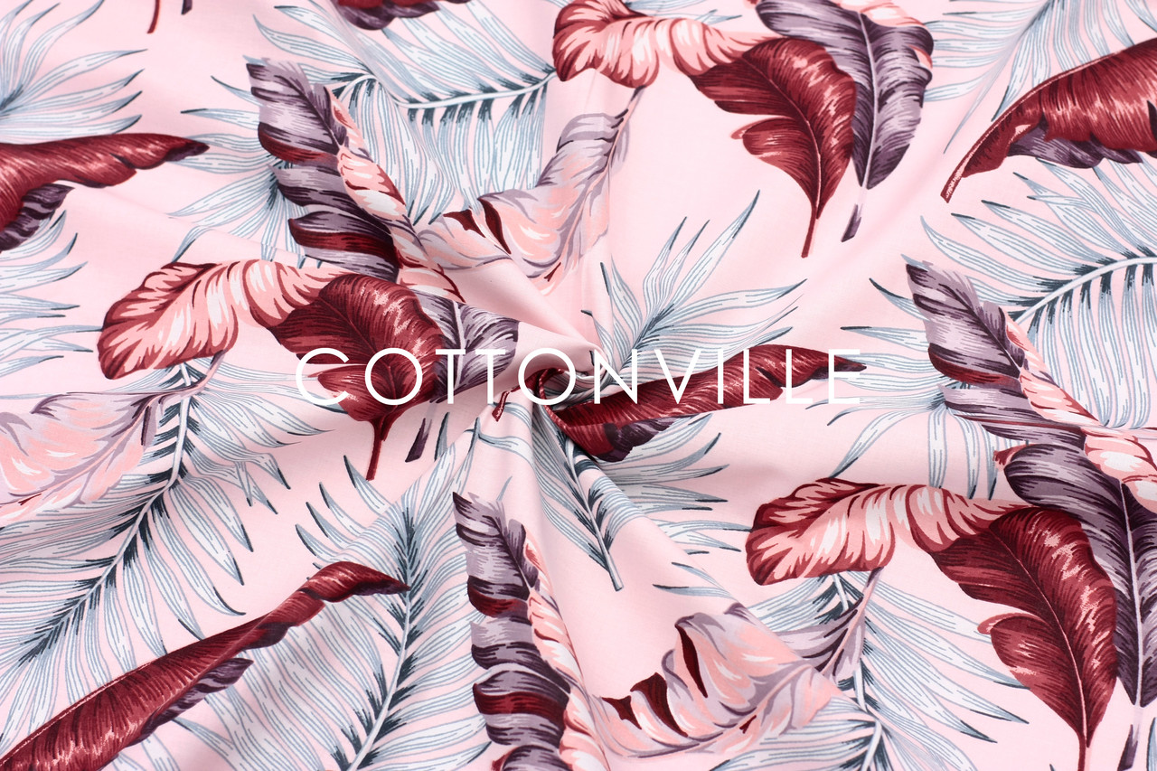 Ранфорс 240 см Листя пальми вишневі на рожевому, фото 1