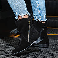 Женские ботинки натуральная замша черные на байке высота каблука 3 см 39