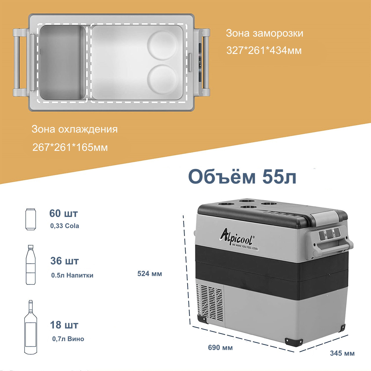 Автомобільний холодильник ALPICOOL CF55 55L12/24/220V сірий