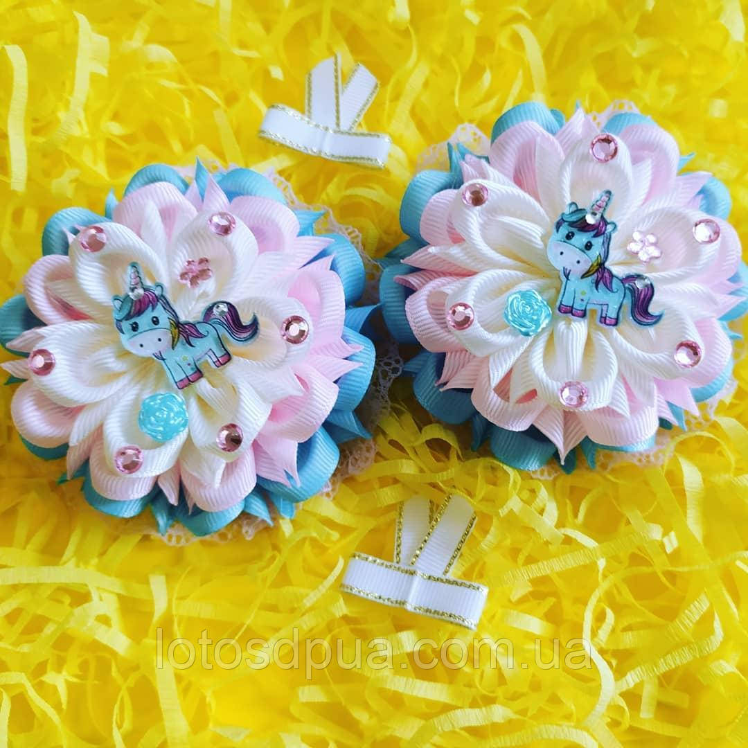 Дитячий бант з репсової лєнти на резинкі Єдиноріг (бантик для волосся, банти на голову для дівчинки)