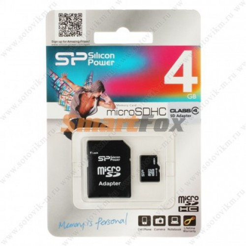 Карта пам'яті 4Gb SiliconPower microSDHC class 4 (adapter SD)