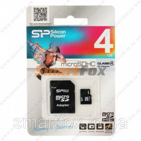 Карта пам'яті 4Gb SiliconPower microSDHC class 4 (adapter SD), фото 2