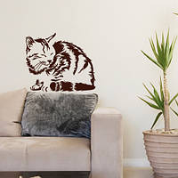 Наклейка на стену ПВХ Сонная кошка (наклейки с котами животные коты декор) матовая 300х250 мм