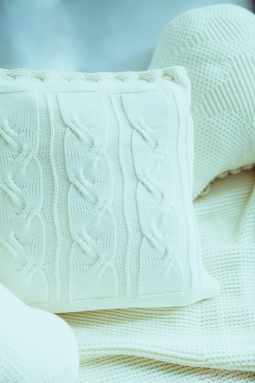 Чохол для подушки в'язаний Ohaina коси 40х40 Milk white