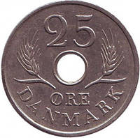 Монета 25 эре. 1966-1972 год, Дания. (В) C;S