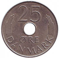 Монета 25 эре. 1966-1972 год, Дания. (В) S;B