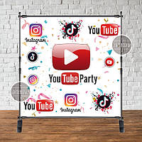Баннер 2х2 м "Социальные сети. Ютюб/Youtube" - Фотозона (виниловый) на день рождения (без каркаса) -