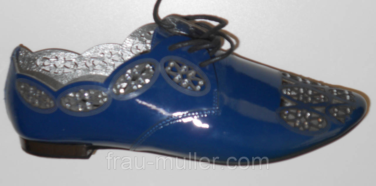 Туфли женские из лаковой синей кожи на шнуровке 39-40 Helga - фото 1 - id-p262441714