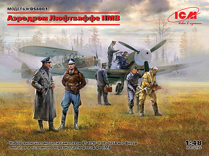 Аеродром люфтваффе. 2 моделі літаків Bf 109F-4, Hs 126В-1 і набір фігур. 1/48 ICM DS4801, фото 1