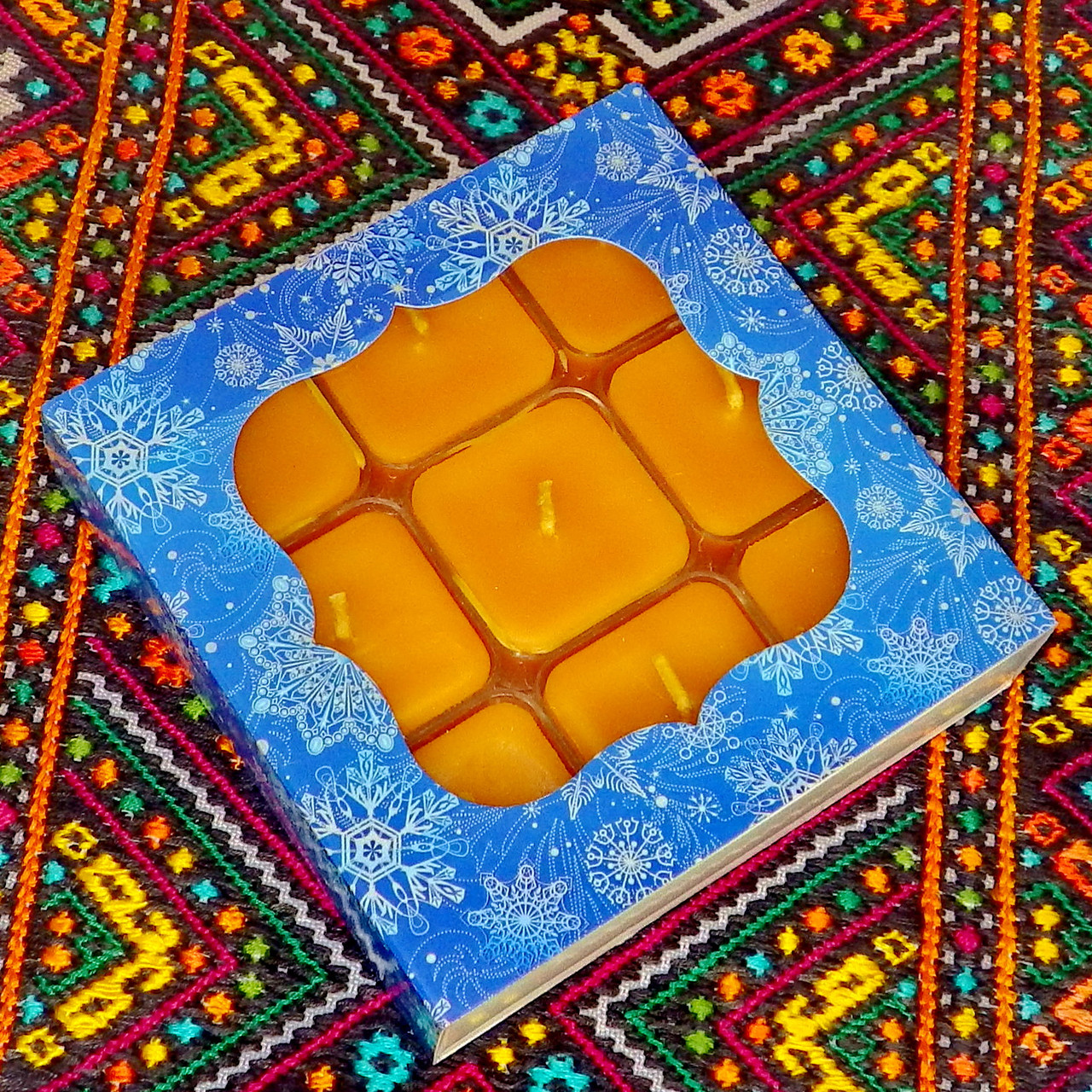 Подарунковий набір квадратних чайних воскових свічок (9шт.) в коробці Синій Сніг