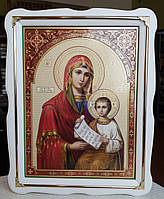 Икона Пресвятая Богородица Утоли Моя Печали в белом деревянном киоте с декорат. уголками,киот 37*47, лик 30×40