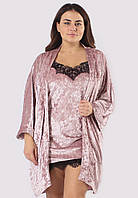 Велюровый женский комплект для дома халат+пеньюар розовый/розовый