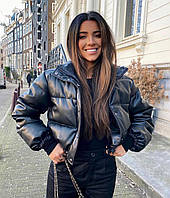 Женская трендовая куртка «пуффер» из эко-кожи матовой Цвета : чёрный, бежевый