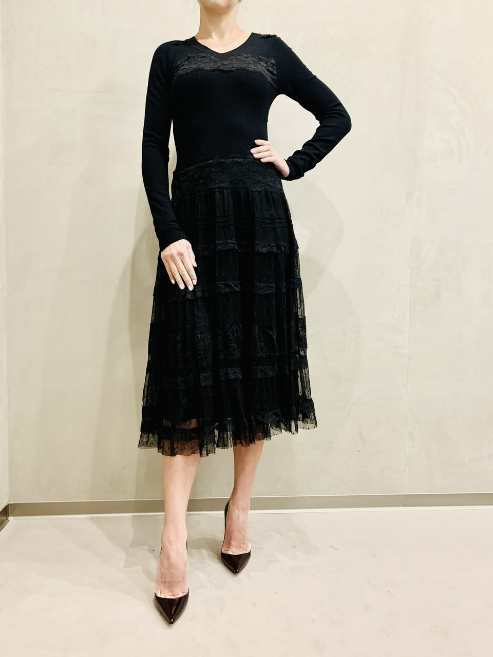 Платье женское миди черное трикотаж шифон юбка с длинным рукавом демисезонное - фото 1 - id-p32426487