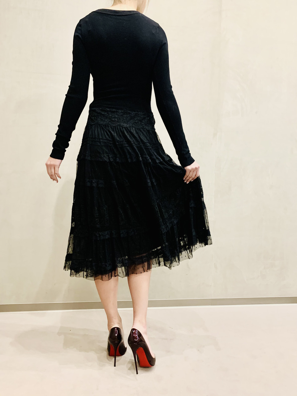 Платье женское миди черное трикотаж шифон юбка с длинным рукавом демисезонное - фото 3 - id-p32426487