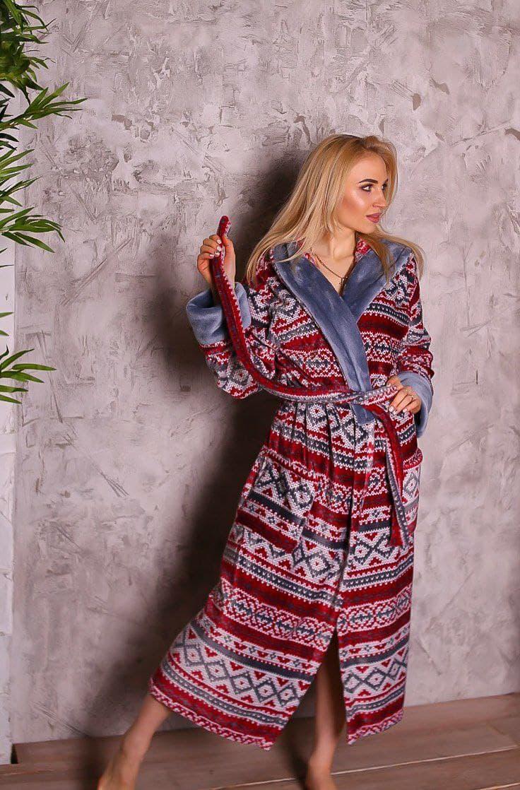 Гарний жіночий довгий махровий халат із капюшоном і візерунком, фото 1