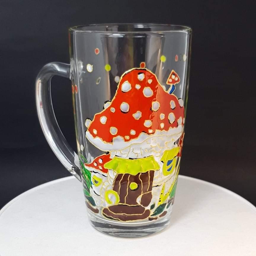 Чашка з вітражним розписом ручної роботи 430 мл " Мухоморний будиночок", фото 1