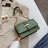Жіноча класична сумка через плече крос-боді на ланцюжку рептилія зелена оливкова хакі, фото 2