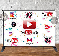 Баннер 3х2м "Социальные сети. Ютюб/Youtube" - Фотозона (виниловый) на день рождения (без каркаса) -