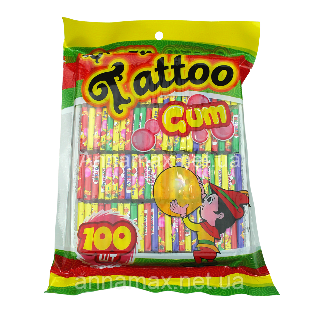 Жувальна гумка Crazy Tatoo Gum, у формі пластини, фруктово-ягідним смаком, з тимчасовим татуюванням для дітей.