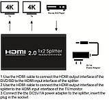 HDMI розгалужувач 1х2 HDR спліттер c підтримкою 4K / 60Hz UHD HDCP 2.2 splitter HDMI 1 на 2 вихідні порти екрани ( ays-12v20 ), фото 7