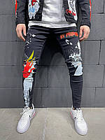 Джинси чоловічі чорні, завужені з малюнком молодіжні рвані джинси чоловічі темно-сірі вузькі з принтами