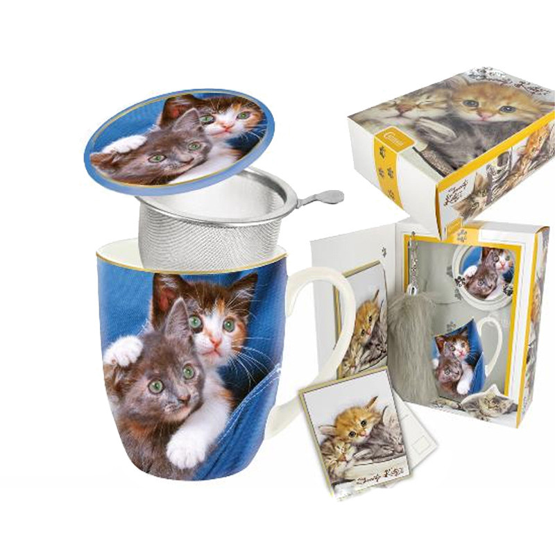 Подарунковий набір «Кошенята» гуртка-заварник (400мл)+вітальна листівка +брелок «Котячий хвіст»