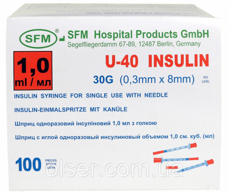 Інсуліновий Шприц SFM U-40 з вбудованою голкою 1,0 мл 30G (0,3 mm x 8mm)