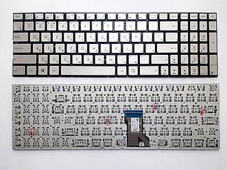 Клавіатура для ноутбуків Asus N501J, N501JW, N501V, N501VW серебристая без рамки, под подсветку  RU/US
