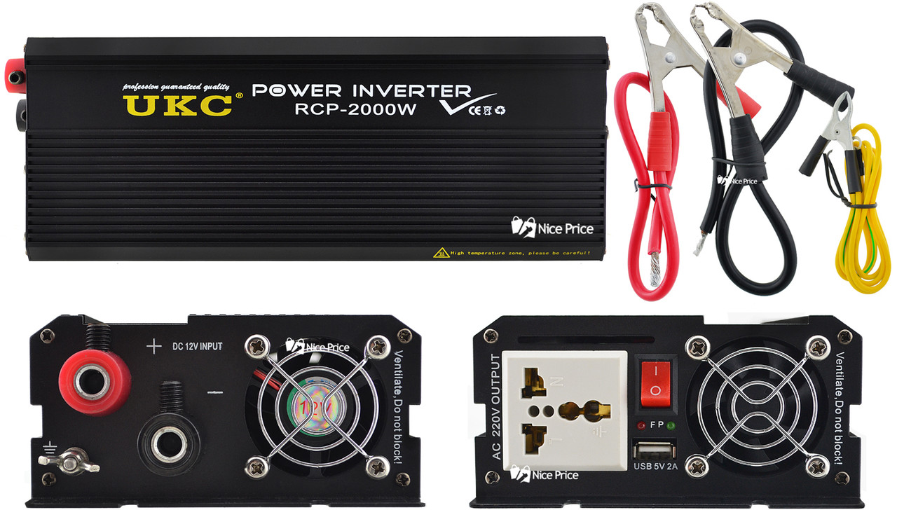 Професійний інвертор перетворювач UKC 12V-220V RCP-2000W + USB Black (4146)