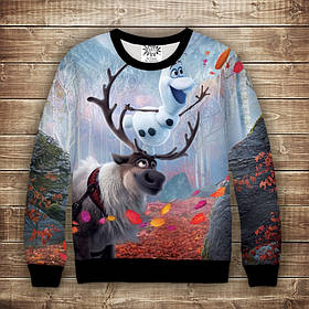 Світшот з 3D принтом на тему Холодне серце Олаф і Свен в зачарованому лісі Дорослі та дитячі розміри ВСІ Розміри