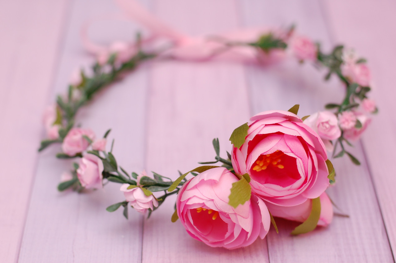 Вінок для волосся / віночок на голову з півоніями та зеленню рожевий 344 об, фото 1