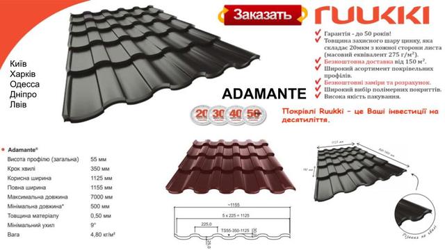 Металлочерепица - Adamante "Ruukki" Pural matt BT 0,5 мм RR 33