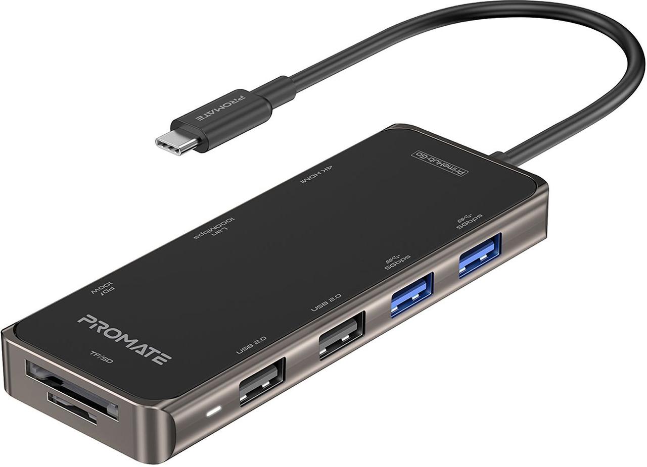 USB-C хаб 9-в-1 Promate PrimeHub-Go USB-C PD/HDMI/2xUSB 3.0/2xUSB 2.0/RJ45/SD/MicroSD Grey (primehub-go.grey), фото 1