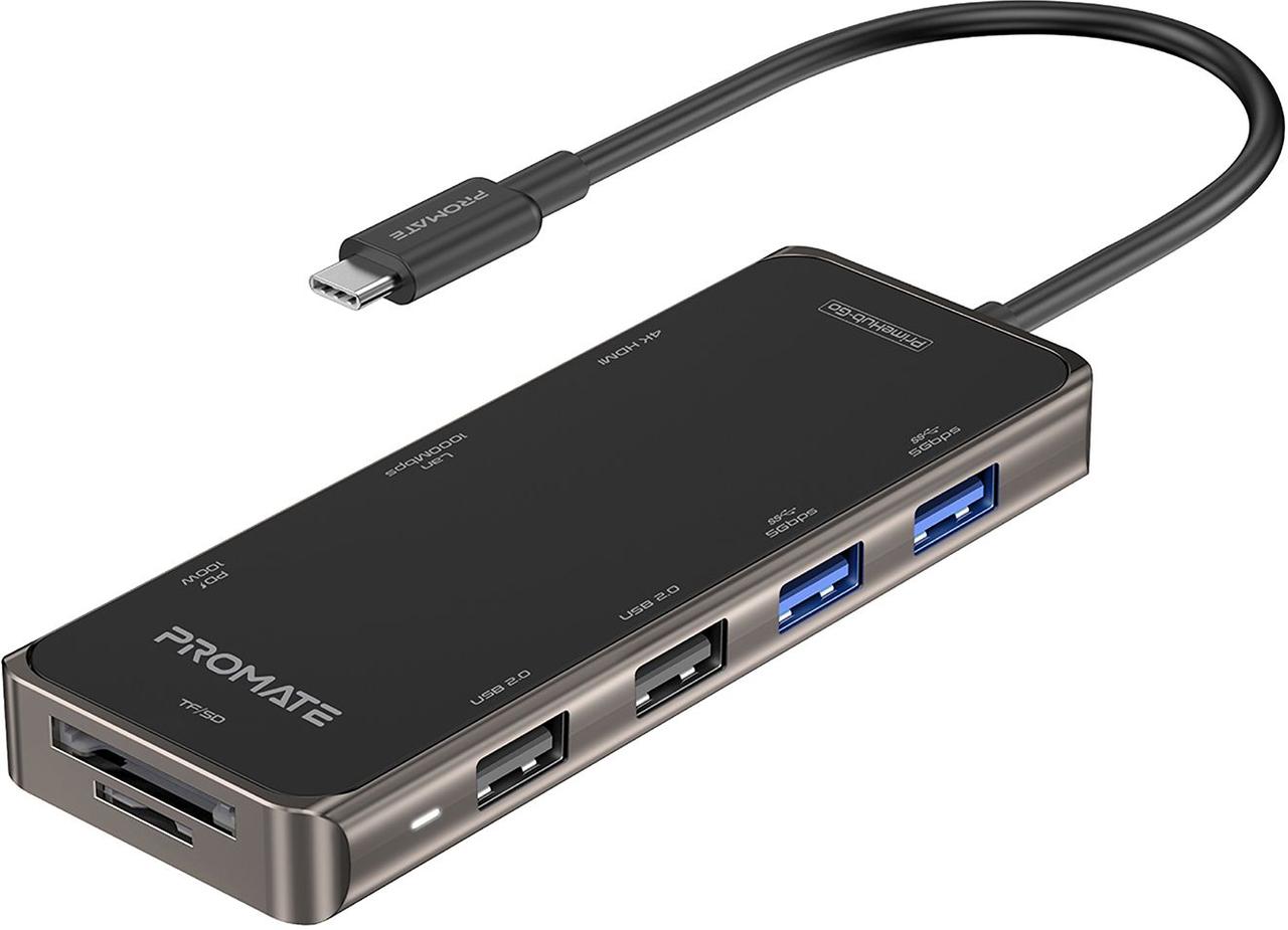 USB-C хаб 9-в-1 Promate PrimeHub-Go USB-C PD/HDMI/2xUSB 3.0/2xUSB 2.0/RJ45/SD/MicroSD Grey (primehub-go.grey)