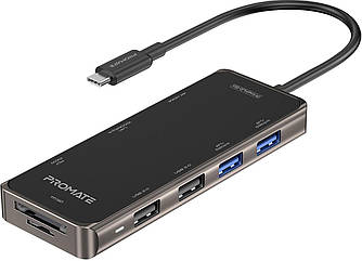 USB-C хаб 9-в-1 Promate PrimeHub-Go USB-C PD/HDMI/2xUSB 3.0/2xUSB 2.0/RJ45/SD/MicroSD Grey