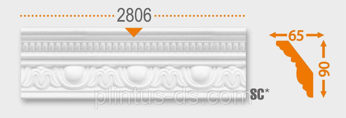 Плінтус стельовий арт.2806 від виробника 65х90х2000мм. (підходить під натяжну стелю)