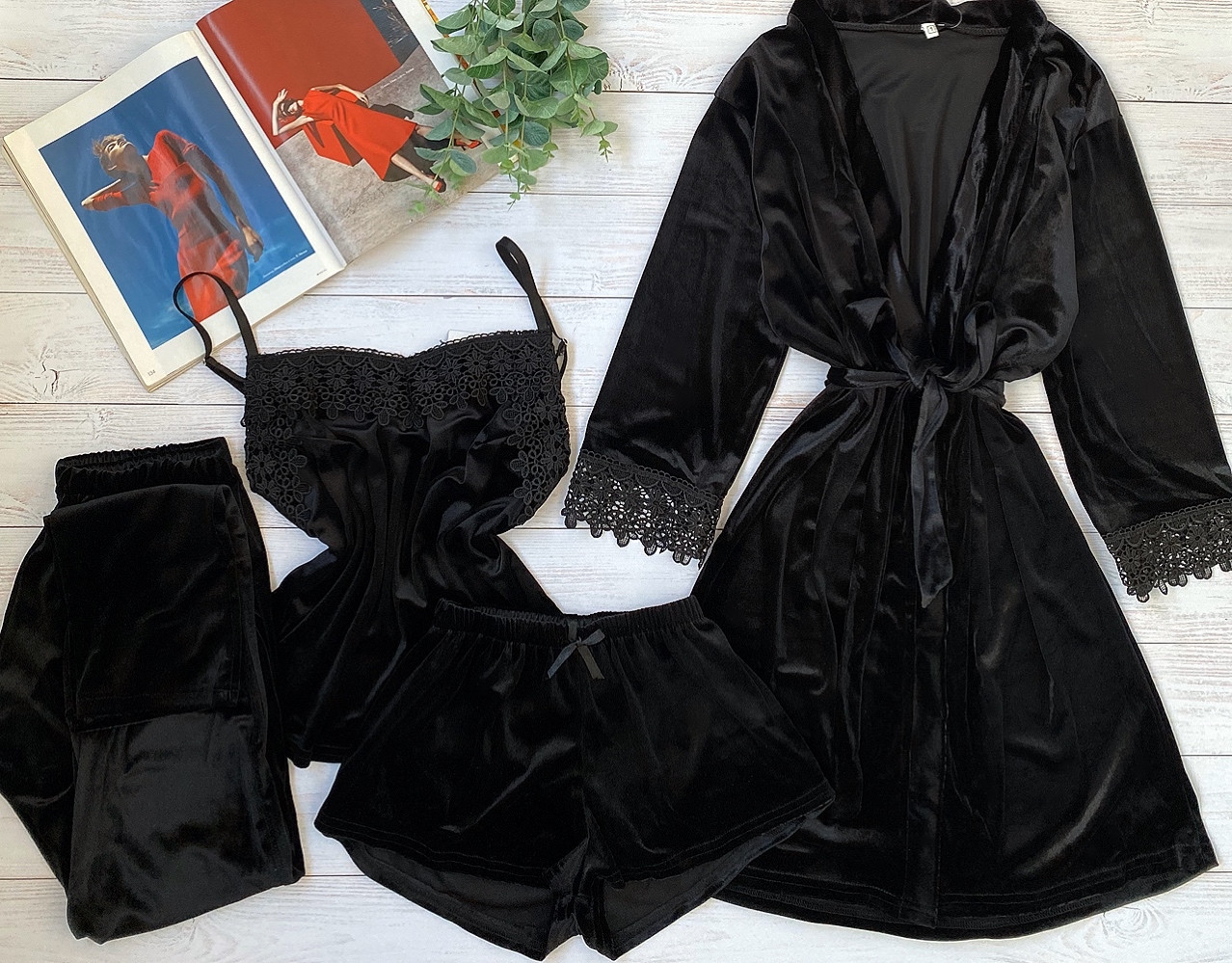 Жіноча велюрова піжама четвірка XL чорний