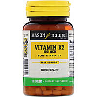 Витамин K2 плюс Витамин D3, Mason Natural, 100 мкг, 100 таблеток