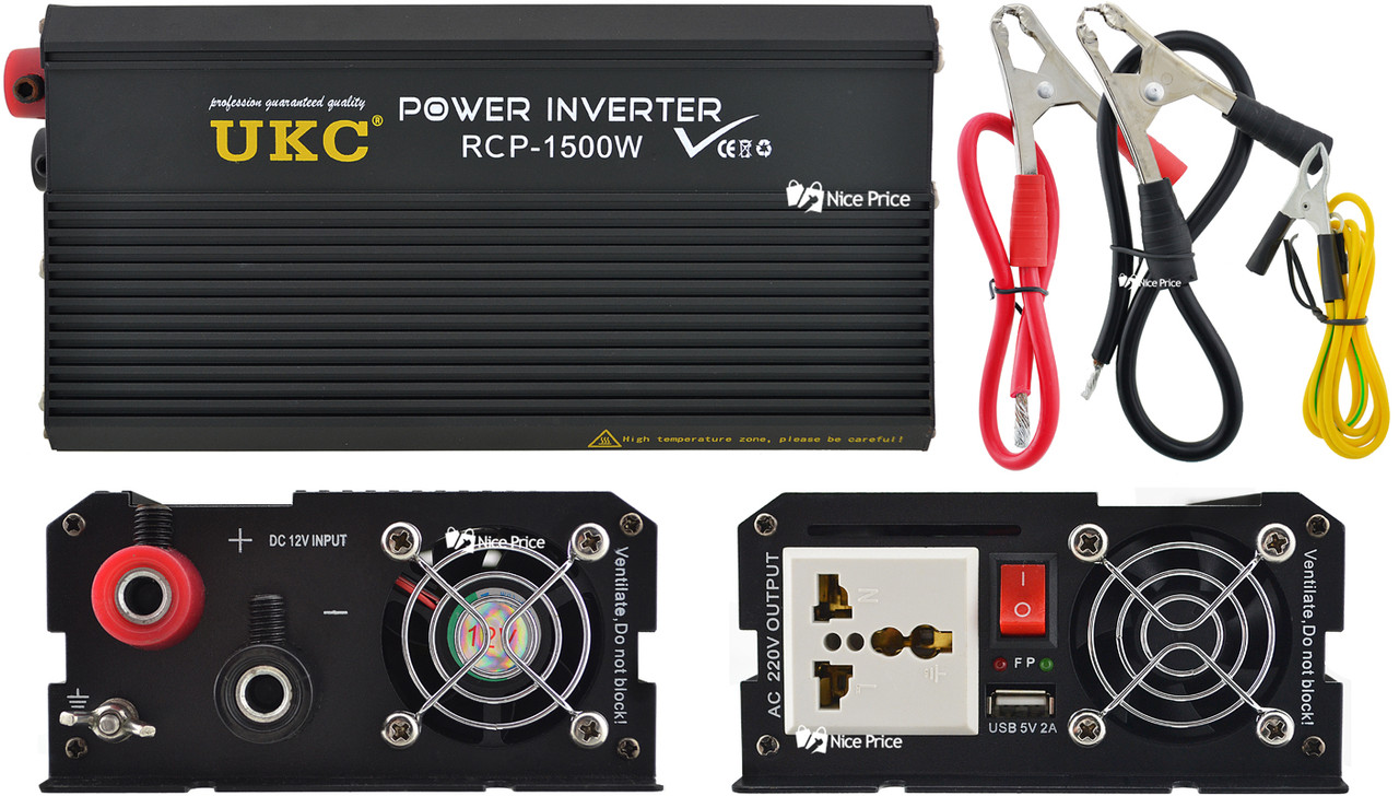 Професійний інвертор перетворювач UKC 12V-220V RCP-1500W + USB Black (4145)