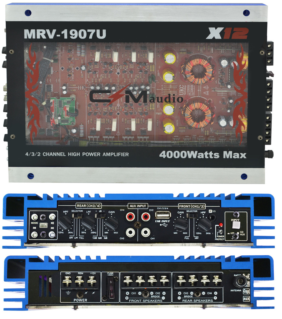 Автомобільний 4-канальний підсилювач звуку CIMaudio MRV-1907 4000W Silver/Blue (4833)