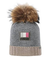 Зимняя детская шапка для мальчика с меховым бомбоном из енота TRESTELLE Италия T18816S серый