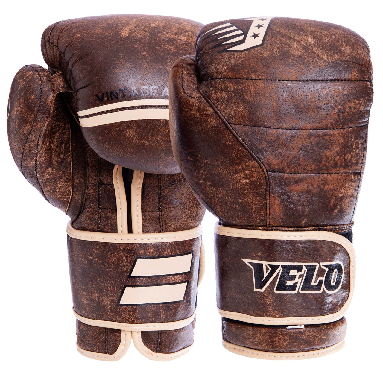 Рукавиці боксерські шкіряні на липучці VELO VL-2214 (р-р 10-14oz, коричневий)