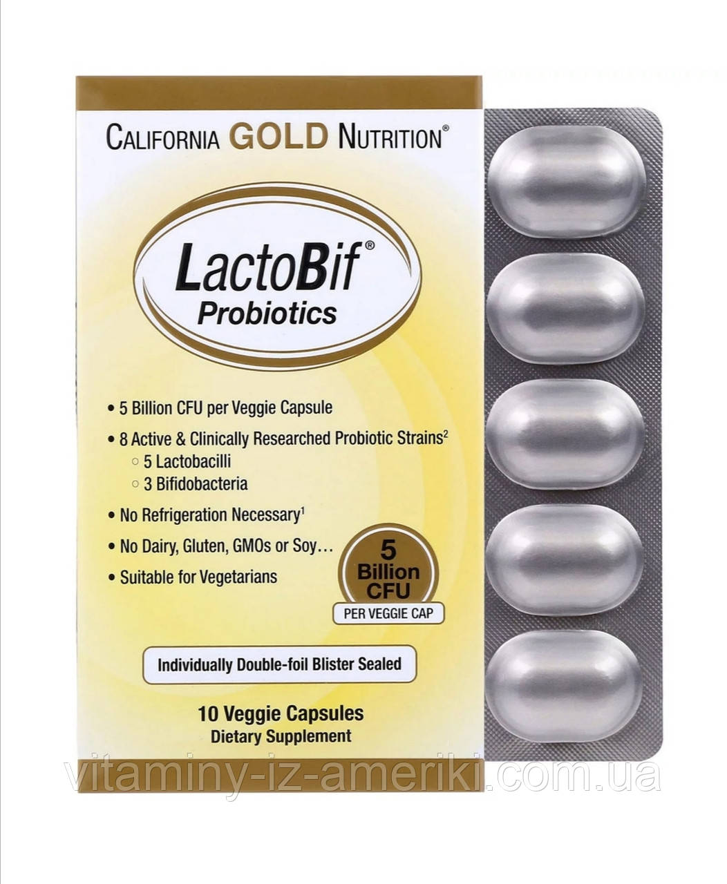 Пробіотики ЛактоБіф для дорослих у рослинних капсулах, LactoBif Probiotic, California Gold Nutrition, 5 млрд КОЕ,10 шт.