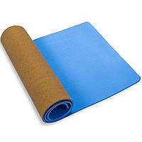 Килимок для йоги корковий 1820х610х8мм LEXFIT блакитний. Фітнес килимок. Туристичний килимок