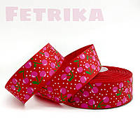 Репсова стрічка Рожеві вишні на червоному, 2,5 см