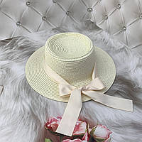 Шляпа женская летняя канотье с атласной лентой ELINA молочная