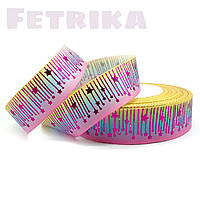 Репсова стрічка Гліттернi зірки на райдужному фоні, 2,5 см