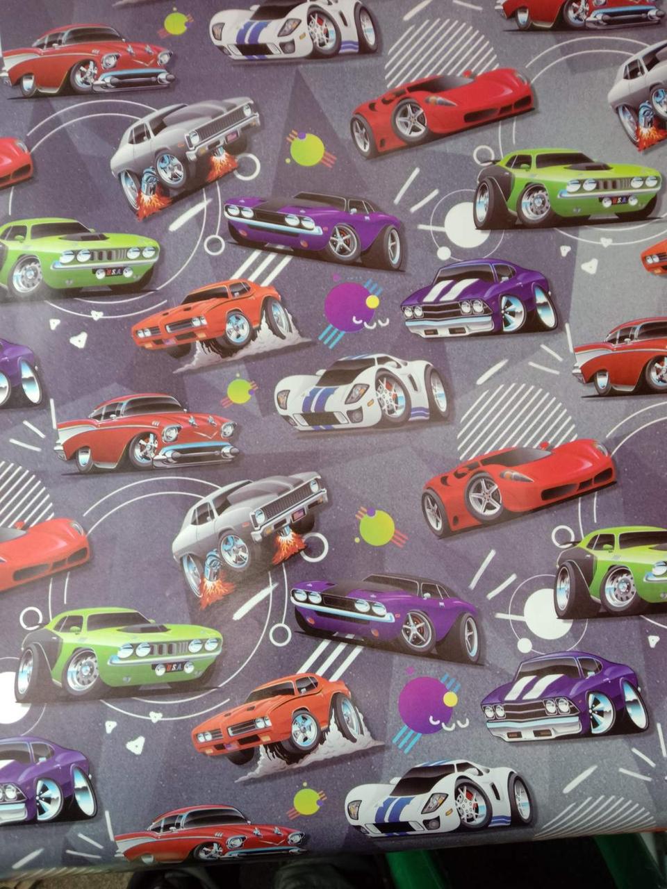 Подарунковий папір для упаковки подарунка з малюнком машинки 100 на 70 см, фото 1